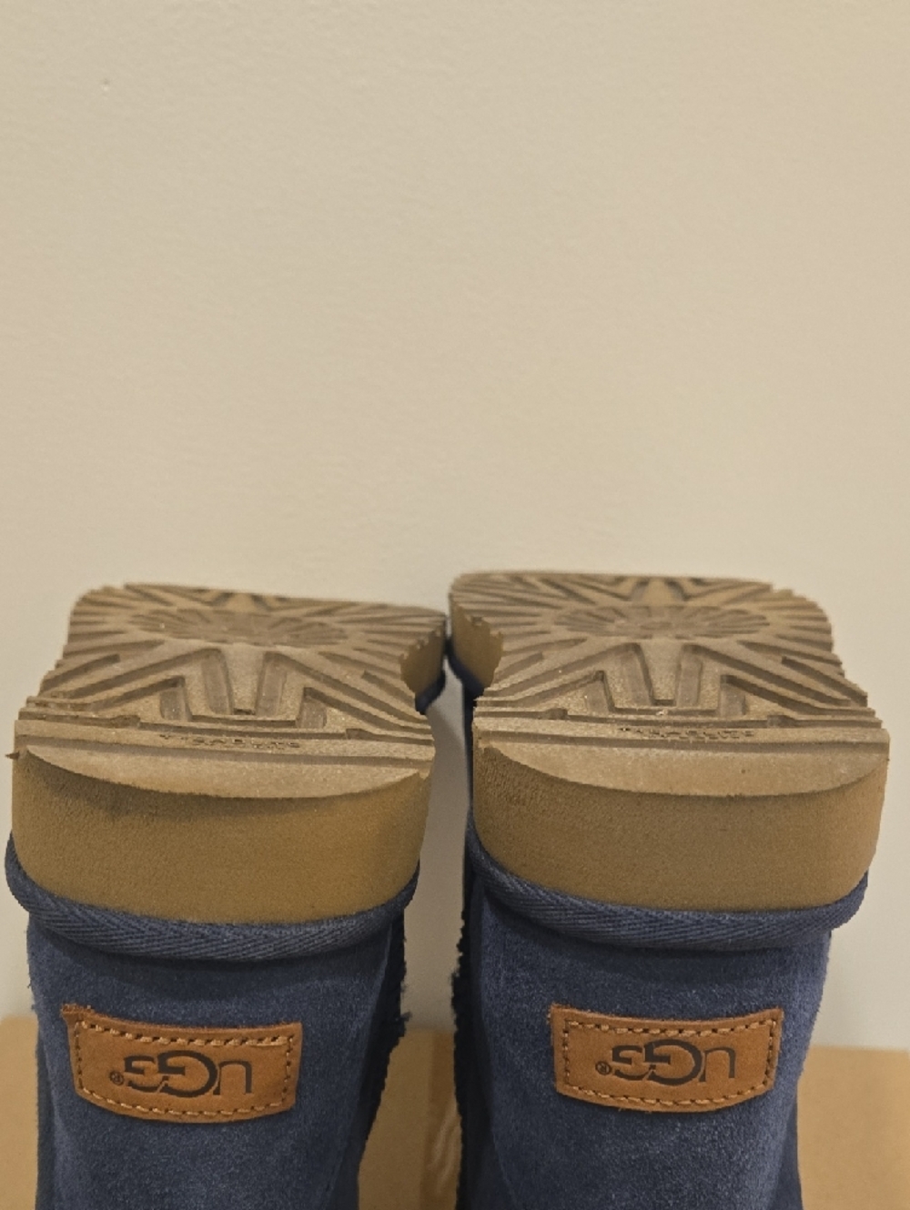 UGG Navy Short Suede Boots with Shearling Trim, 2x Bows On Each Boot - Picture 16 of 16